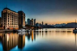 el ciudad horizonte es reflejado en el agua a puesta de sol. generado por ai foto