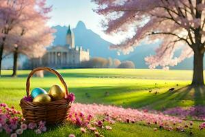 the basket of easter eggs is in front of a pink tree. AI-Generated photo