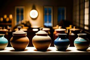 a row of vases lined up on a shelf. AI-Generated photo