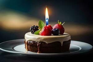 a small cake with berries and a candle. AI-Generated photo