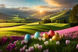 el Pascua de Resurrección huevo cazar en el montañas. generado por ai foto