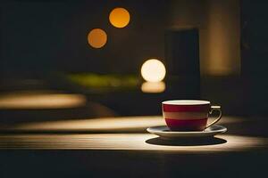 un taza de café en un mesa en el oscuro. generado por ai foto