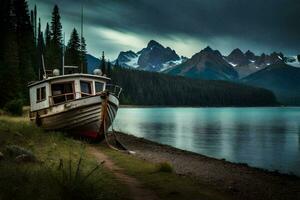 a boat sits on the shore of a lake with mountains in the background. AI-Generated photo