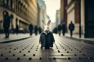 un Conejo vistiendo un traje y Corbata en pie en un calle. generado por ai foto