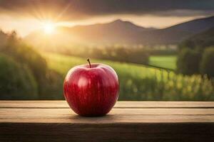 a red apple on a wooden table in front of a sunset. AI-Generated photo