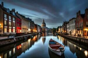 a boat is on the water in a canal in a city. AI-Generated photo
