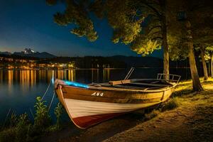 a boat sits on the shore of a lake at night. AI-Generated photo