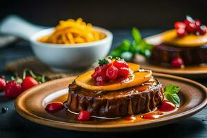 a plate with a dessert topped with fruit and berries. AI-Generated photo