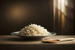 a bowl of rice and a wooden spoon on a table. AI-Generated photo