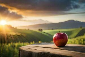 apple on a wooden table in the field. AI-Generated photo