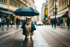 a cat in a raincoat walking down a street. AI-Generated photo