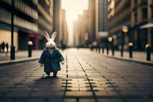 a rabbit in a blue coat standing in the middle of a city street. AI-Generated photo