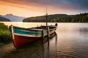 a boat sits on the shore of a lake at sunset. AI-Generated photo