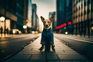 a dog wearing a jacket sits on the street. AI-Generated photo