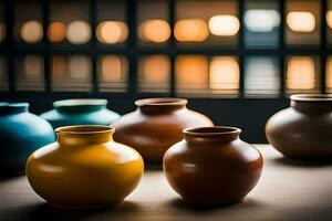 a row of vases sitting on a table. AI-Generated photo