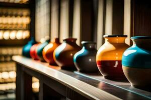 a row of colorful vases on a shelf. AI-Generated photo