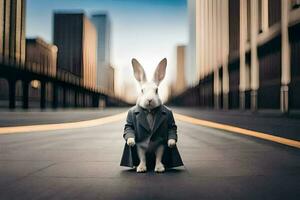 a rabbit dressed in a suit and tie standing in the middle of a city street. AI-Generated photo