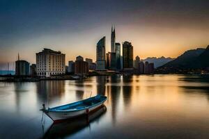 a boat sits on the water in front of a city skyline. AI-Generated photo