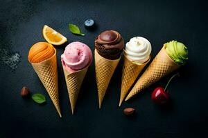 different flavors of ice cream in cones on a black background. AI-Generated photo