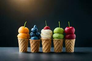 cinco hielo crema conos con diferente frutas en a ellos. generado por ai foto