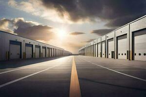 a long empty warehouse with a sun shining through the clouds. AI-Generated photo