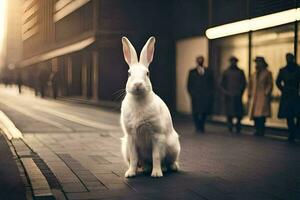 a white rabbit sitting on the street in front of people. AI-Generated photo