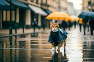 a cat in a raincoat walking on a wet street. AI-Generated photo