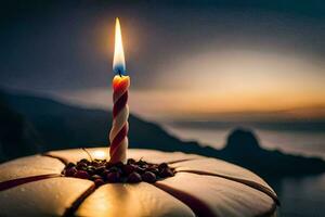 a birthday cake with a lit candle on top. AI-Generated photo