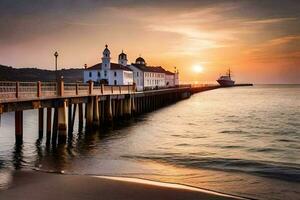 a pier with a boat at sunset. AI-Generated photo