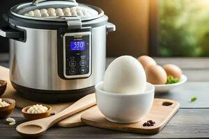 an egg is sitting in a bowl next to an electric pressure cooker. AI-Generated photo