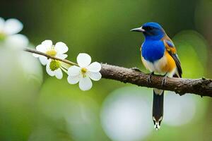 a blue and orange bird sits on a branch with white flowers. AI-Generated photo