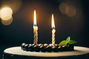 two candles are lit on a cake with chocolate. AI-Generated photo