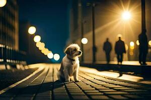 a dog sitting on a brick walkway at night. AI-Generated photo