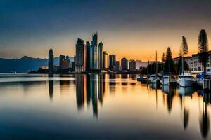 el ciudad horizonte es reflejado en el agua a puesta de sol. generado por ai foto