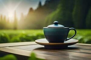 a cup of tea on a wooden table in the garden. AI-Generated photo