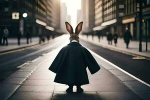 a rabbit wearing a coat and hat on a city street. AI-Generated photo