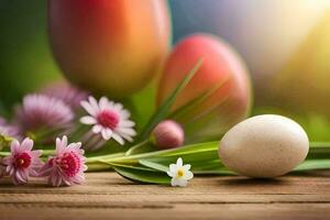 easter eggs and flowers on a wooden table. AI-Generated photo