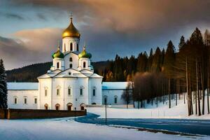 un blanco Iglesia con oro domos en el nieve. generado por ai foto