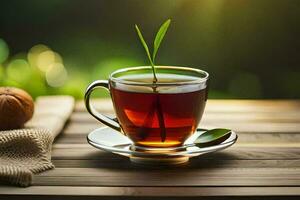 un taza de té en un de madera mesa. generado por ai foto