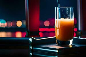 a glass of orange juice sitting on a table. AI-Generated photo