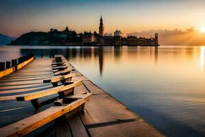 the sun rises over the lake and pier in front of a castle. AI-Generated photo