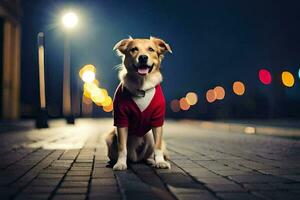 a dog wearing a red shirt sitting on the street at night. AI-Generated photo