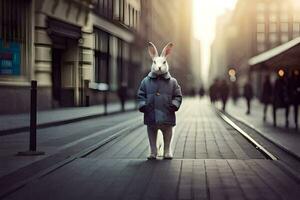 a rabbit in a coat standing on a street. AI-Generated photo