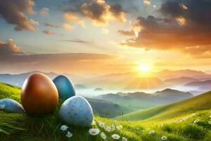 Pascua de Resurrección huevos en el montañas. generado por ai foto