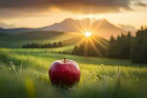 an apple is sitting in the middle of a field at sunset. AI-Generated photo