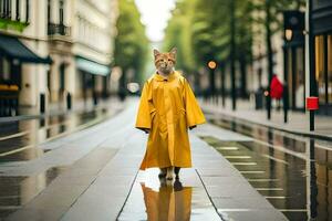 a cat in a yellow raincoat walking down a street. AI-Generated photo