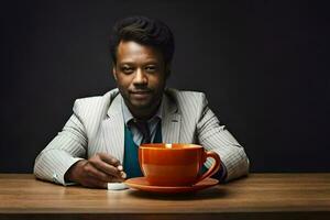 un hombre en un traje y Corbata sentado a un mesa con un taza de café. generado por ai foto