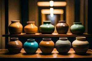 a row of vases on a shelf. AI-Generated photo