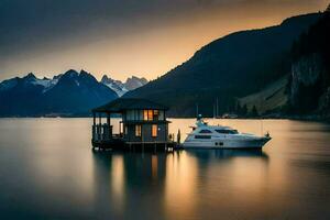 a boat docked in the water near a house. AI-Generated photo