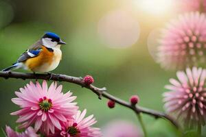 a bird sits on a branch with pink flowers. AI-Generated photo